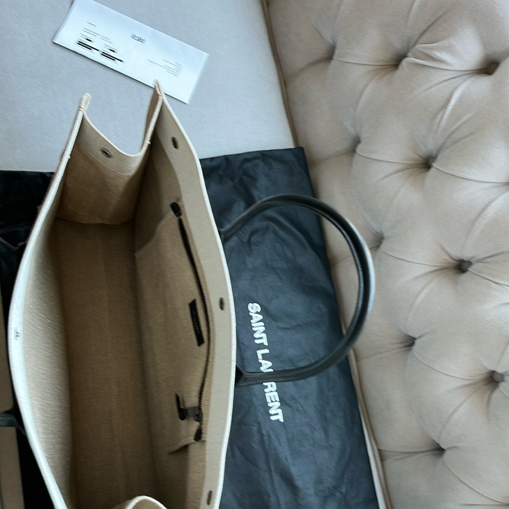 YSL Rive Gauche Large Tote Bag In Printed Canvas And Leather Lin Blanc Like New - Picture 16 of 17